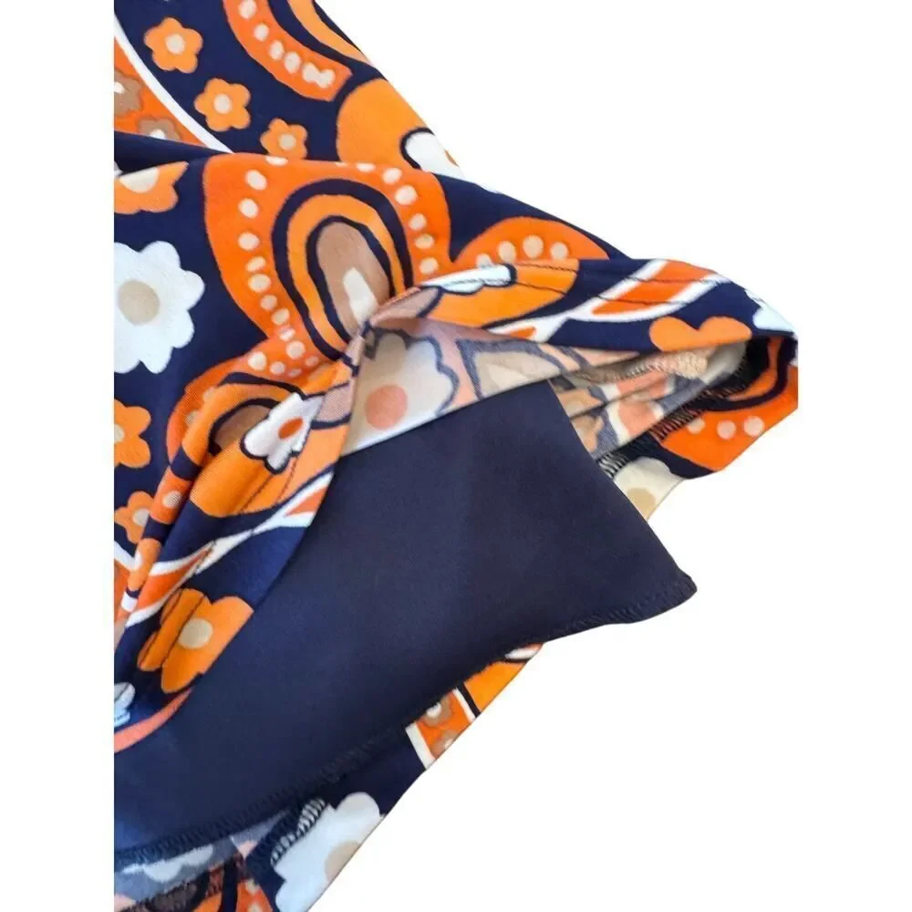 Judith March Boho Off-Shoulder Mini Dress Small Retro Floral Orange Navy Ruffle